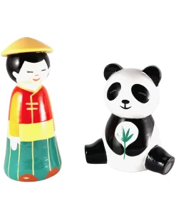 Garçon asiatique en bois tourné 10 cm avec panda + boîte